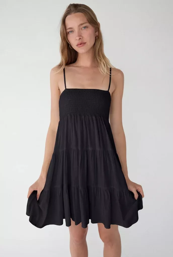 SMOCKED TIERED MINI DRESS
