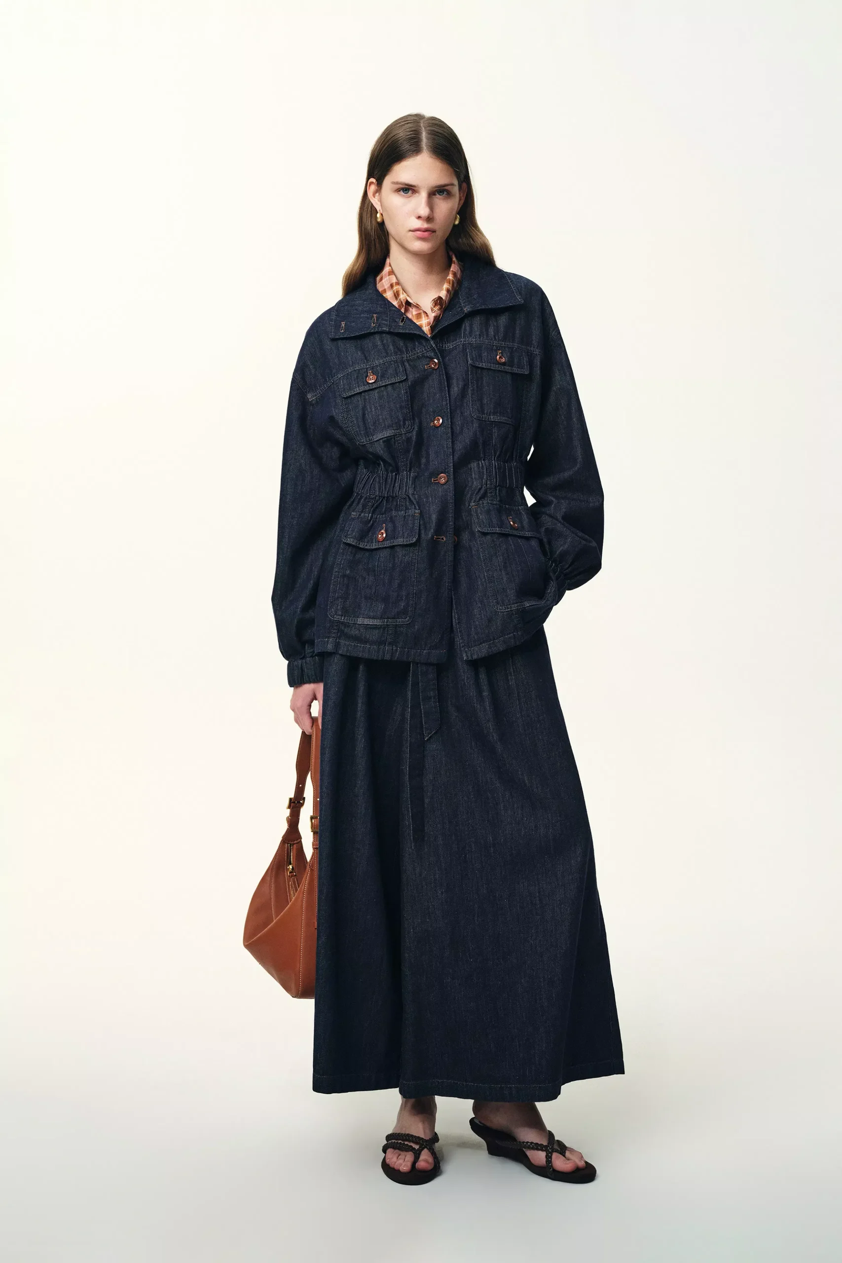 Solene Utility Style Fitted Denim Jacket and Long Skort Set in Hemp-Blend Denim