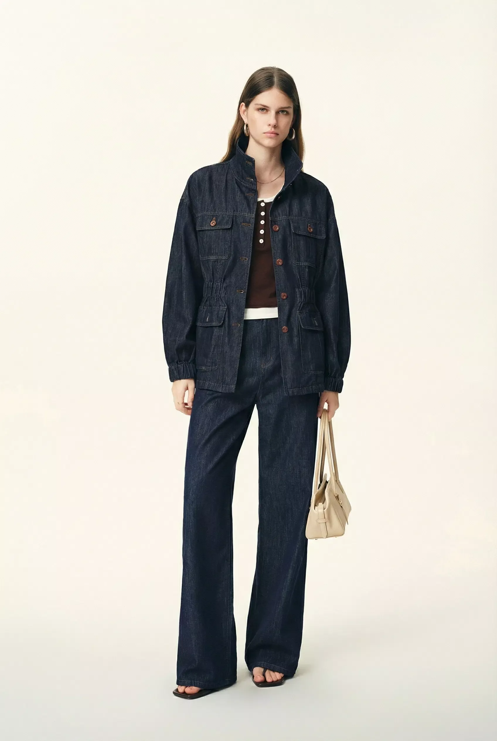 Solene Utility Style Fitted Jacket and Jeans Set in Hemp-Blend Denim