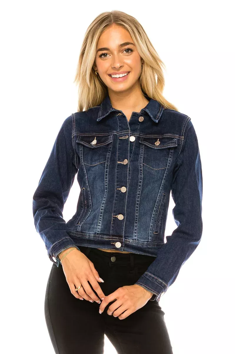 Solid color stretch dark washed denim jacket with pockets