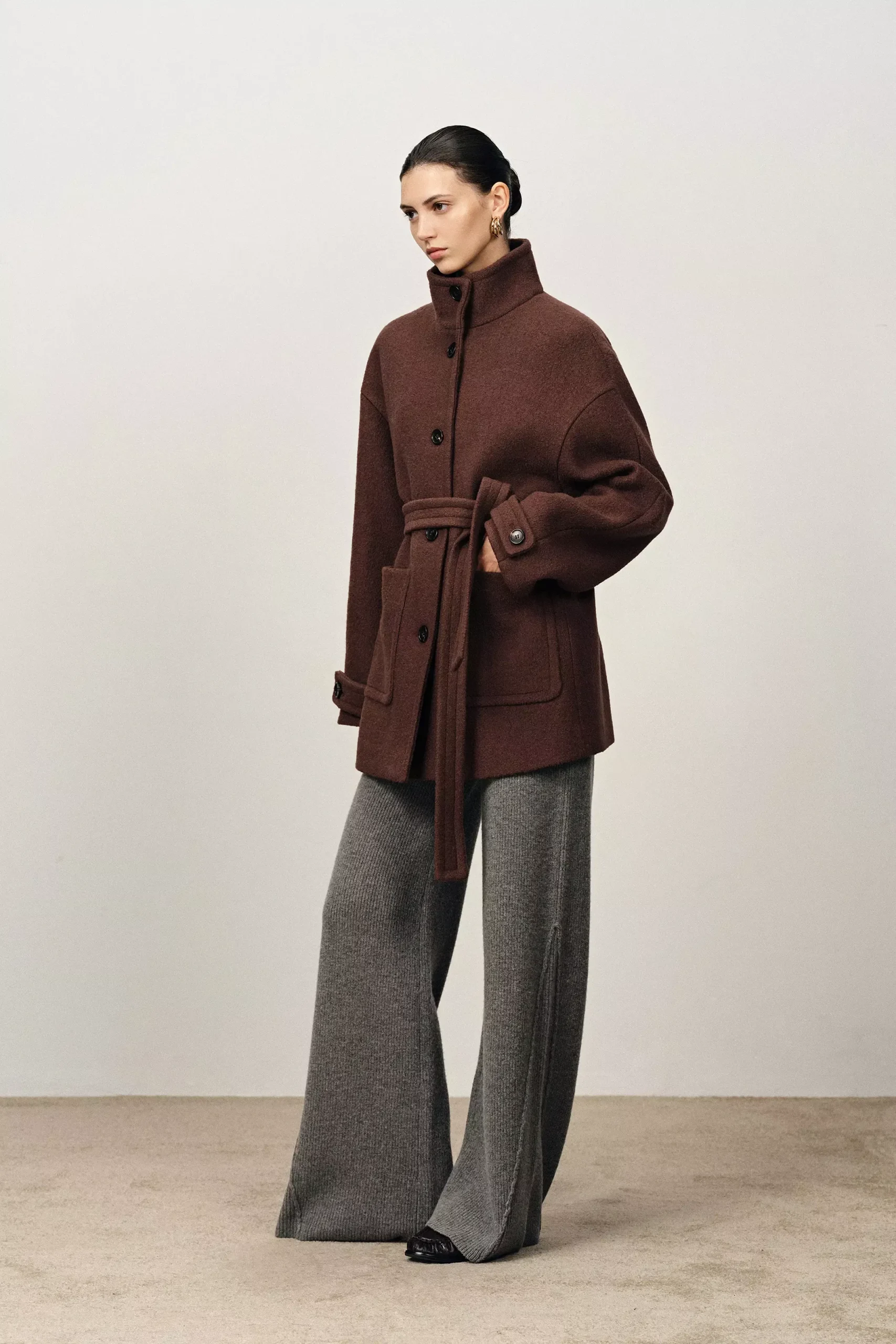 Stand Collar Tie Short Coat in Merino Wool Knit