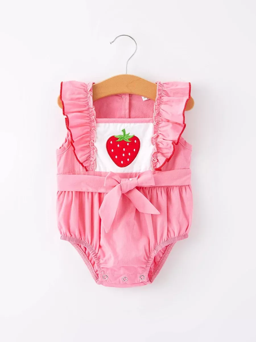 Strawberry Applique Flying Sleeves Girls' Romper