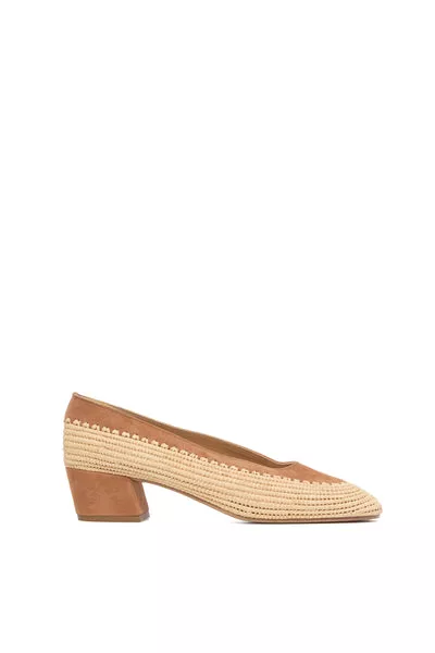 Strength Pump in Camel Suede & Natural Raffia