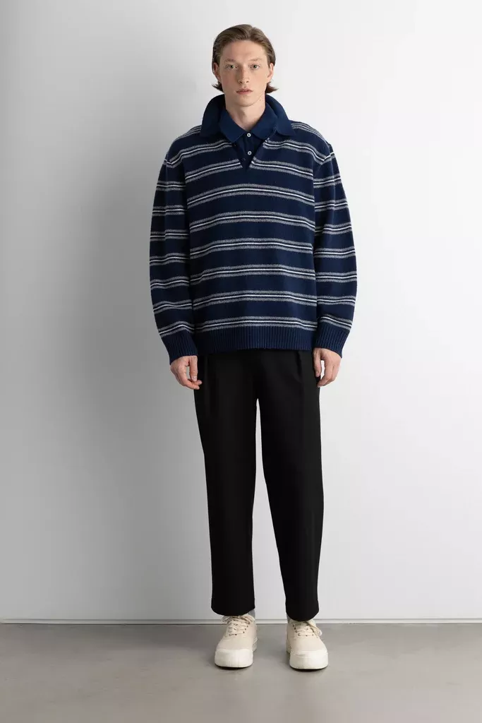 STRIPED LONG SLEEVE POLO SWEATER