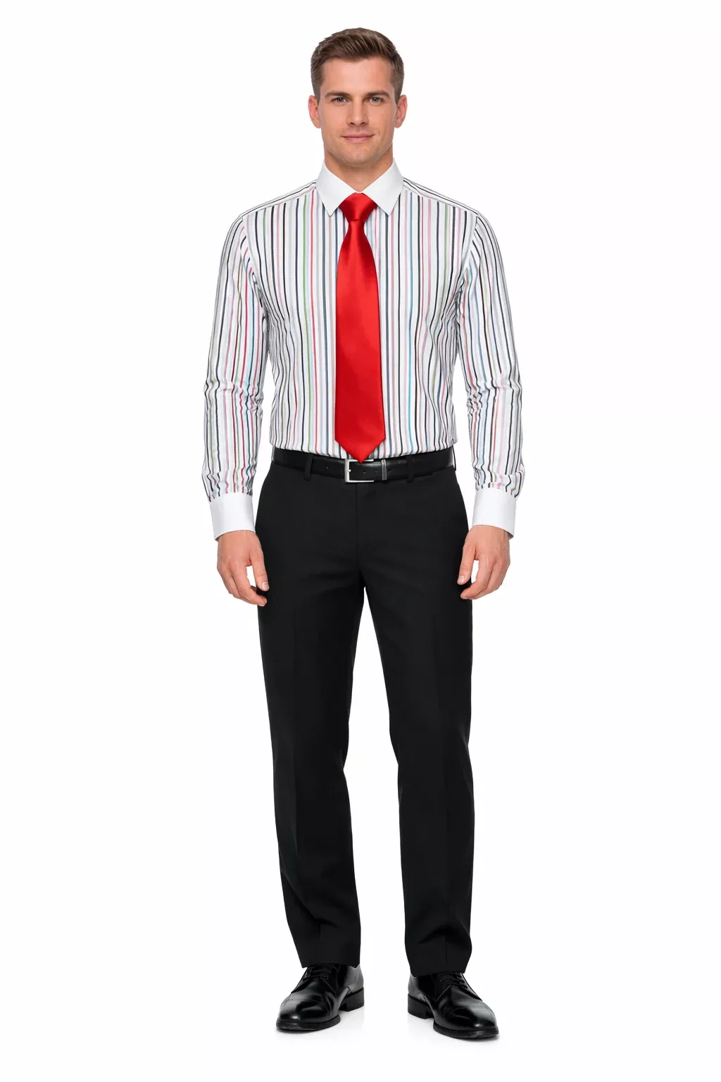 Striped Solid Tie And Slim Collar Style White Collar Two Toned Contrast Multi-Color Men's Dress Shirt