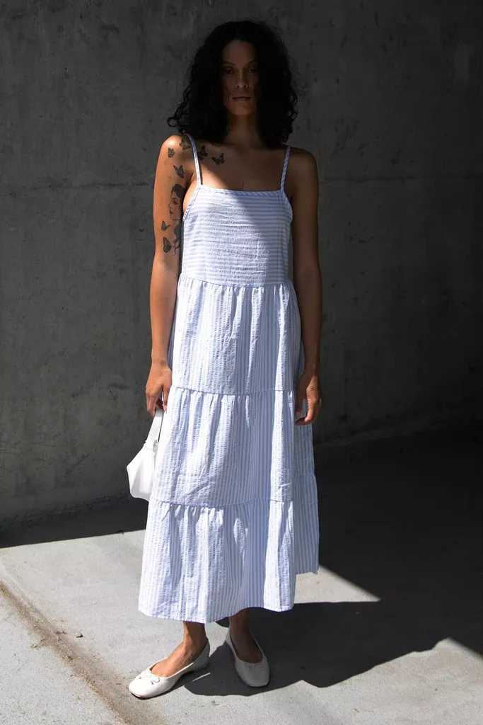 STRIPED TIERED MIDI DRESS