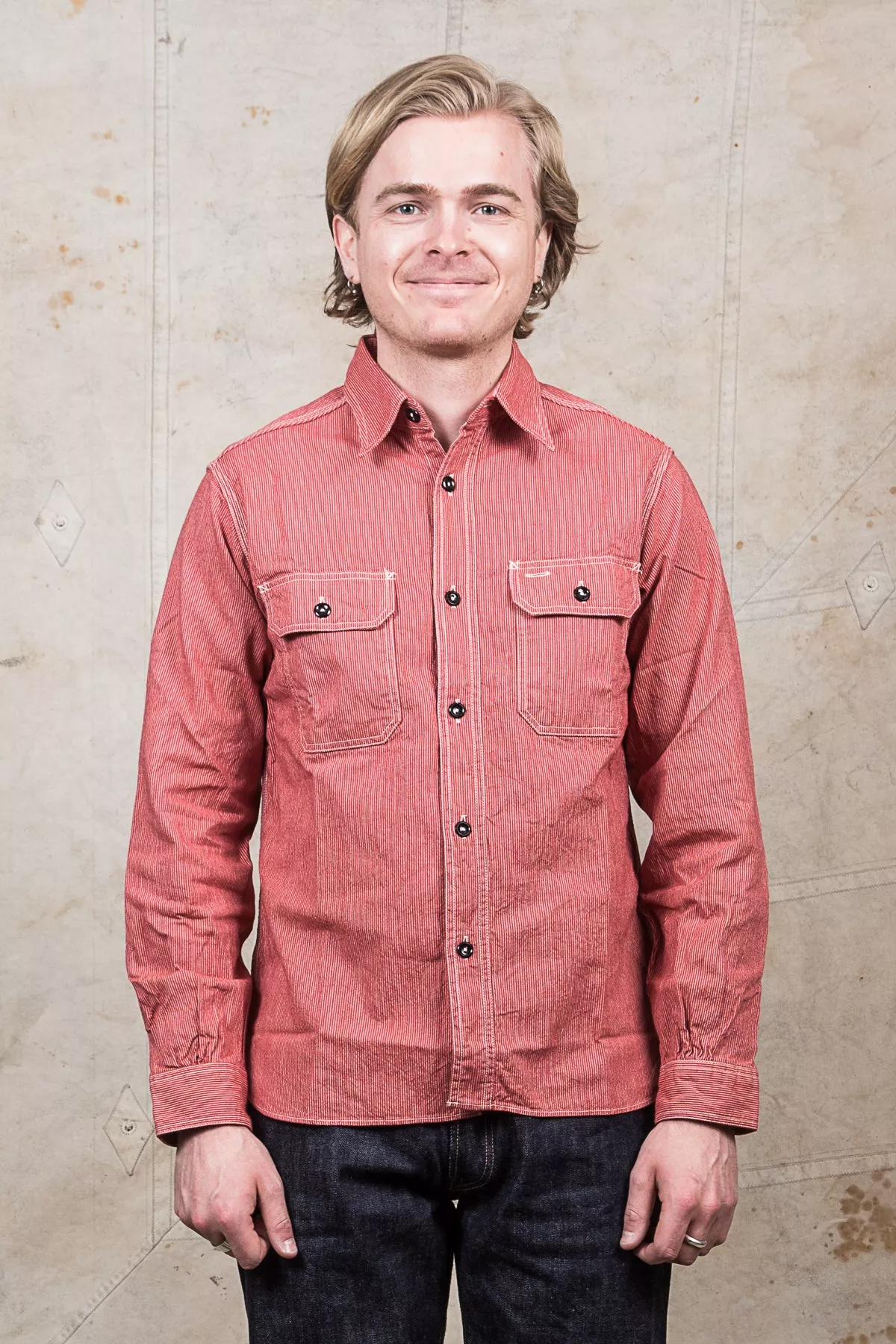 Sugar Cane & Co Long Sleeved Hickory Stripe Work Shirt Red