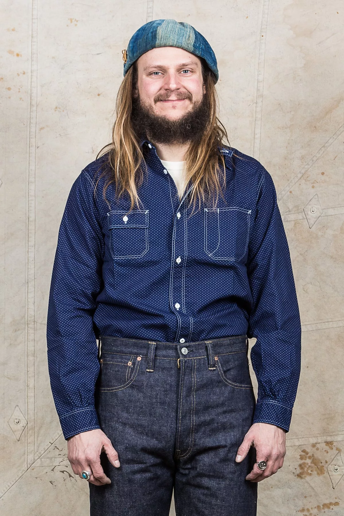 Sugar Cane & Co. Navy Polka Dot Work Shirt