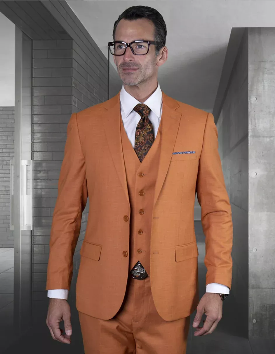 Suit For Man - Mens 2 Button Slim Fit Vested Wool Suit in Rust
