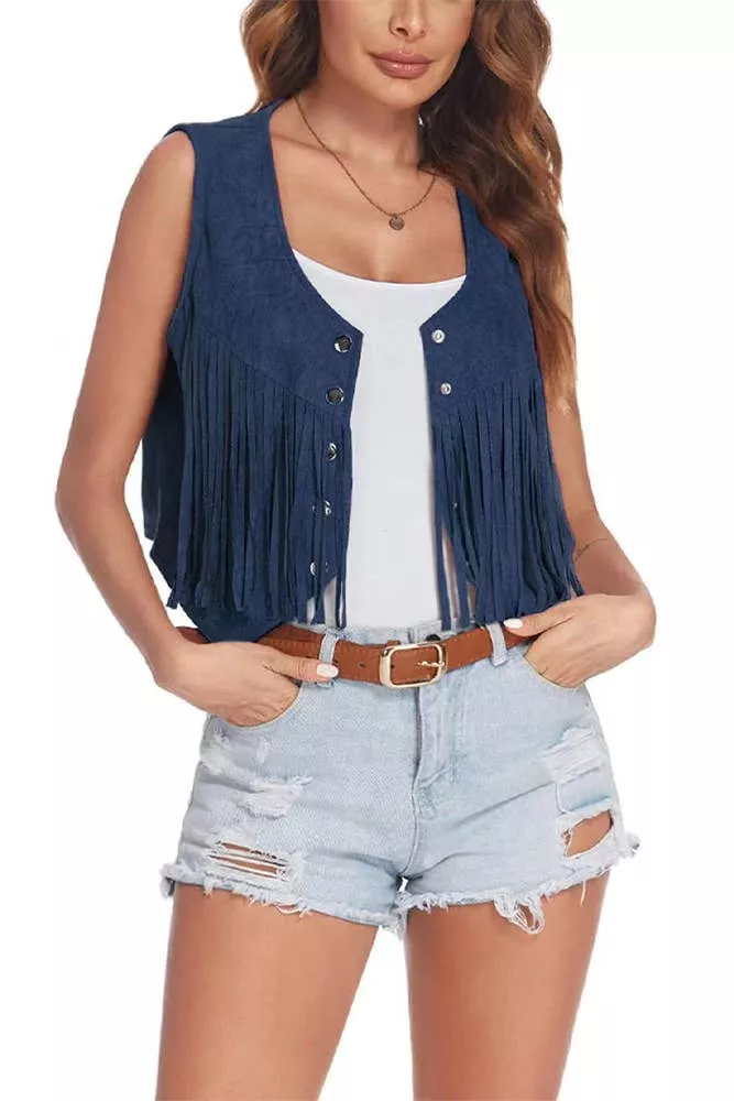 Summer Tops Plain Suede Snap Button Tassel Vest ZK1037