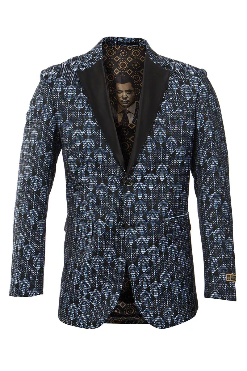 "Sunrise Pattern Men's Tuxedo Blazer in Blue & Black"