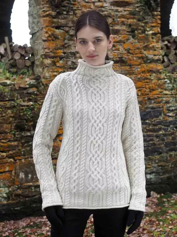 Super Soft Aran Cable Knit Roll Neck Sweater