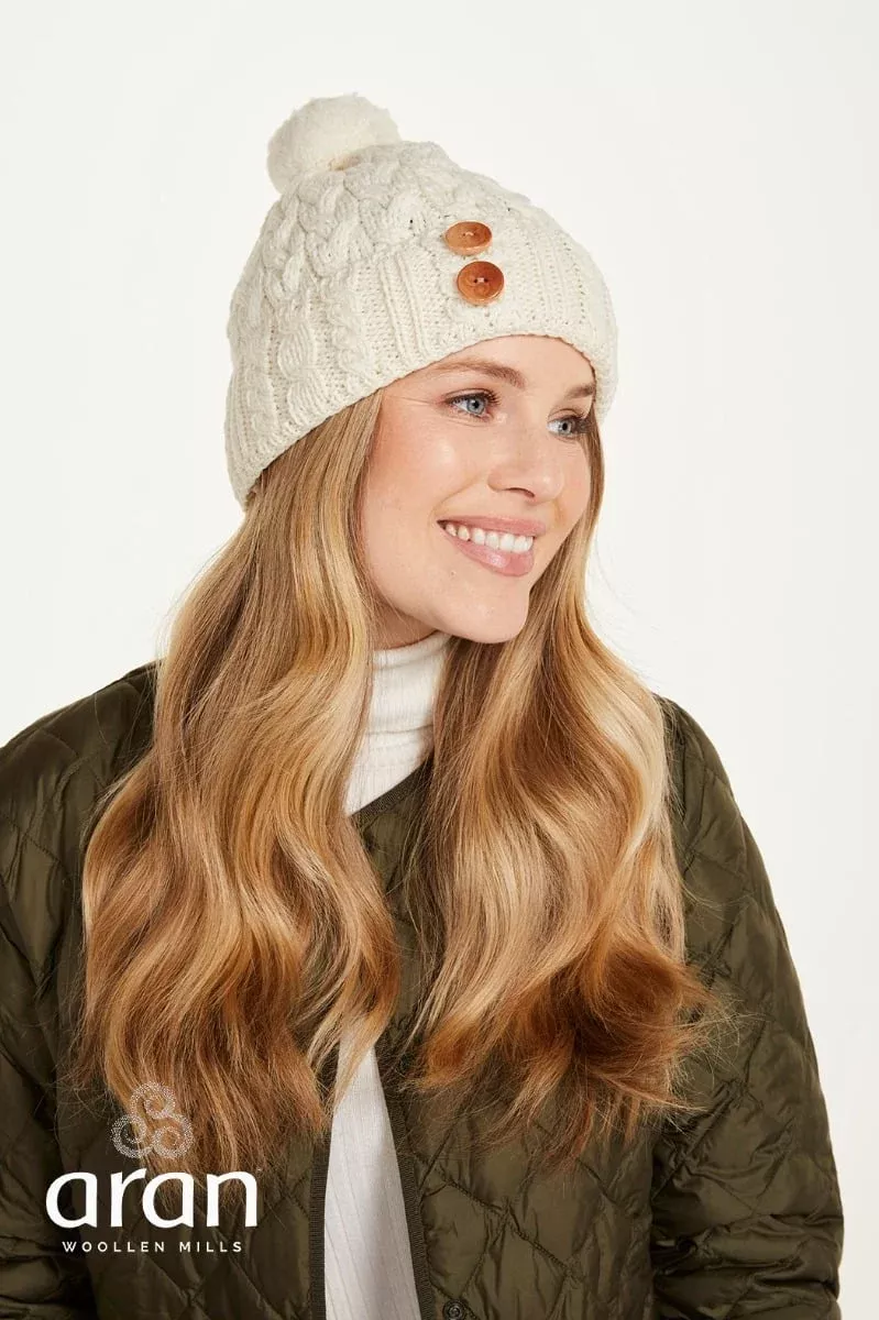 Super Soft Aran Hat with Triskelion Buttons - natural