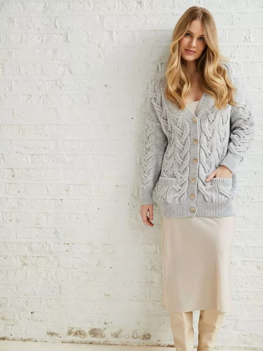 Super Soft Aran V Neck Cardigan Silver