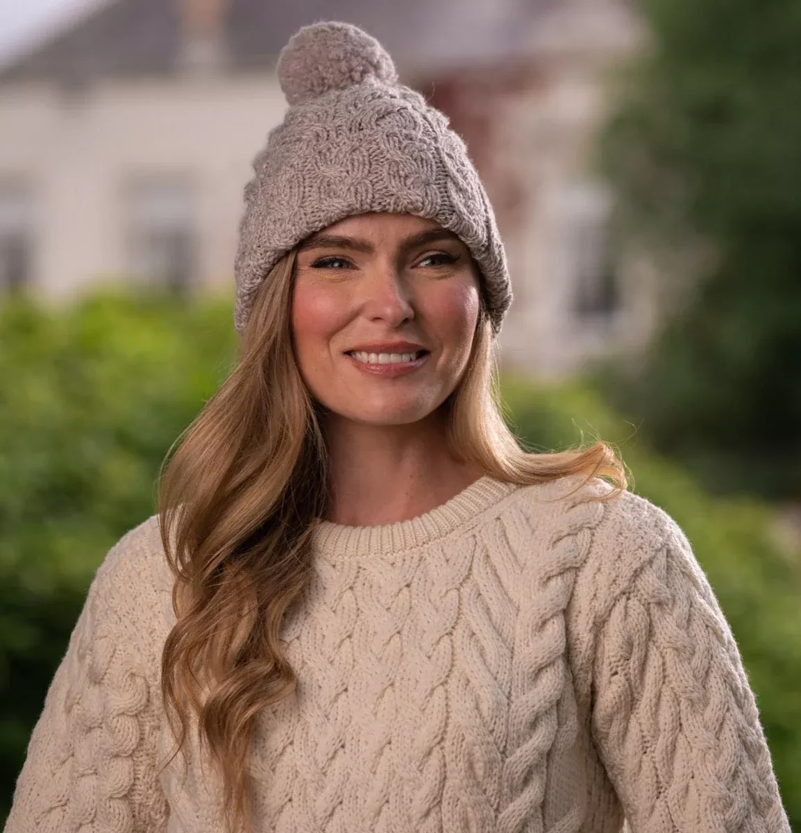 Super Soft Cable Knit Hat with pom pom Beige