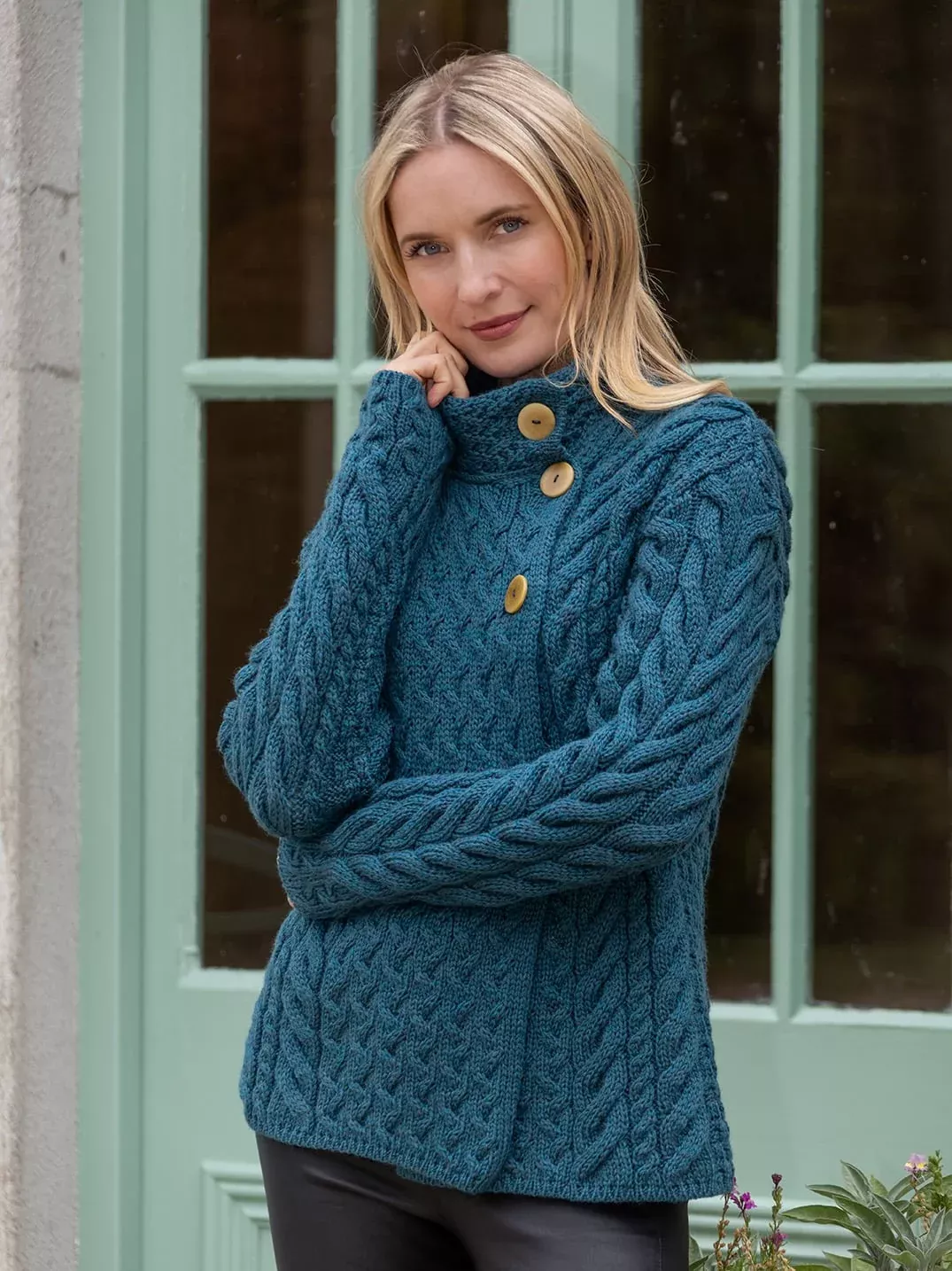 Super Soft Merino Wool Aran Cardigan Teal