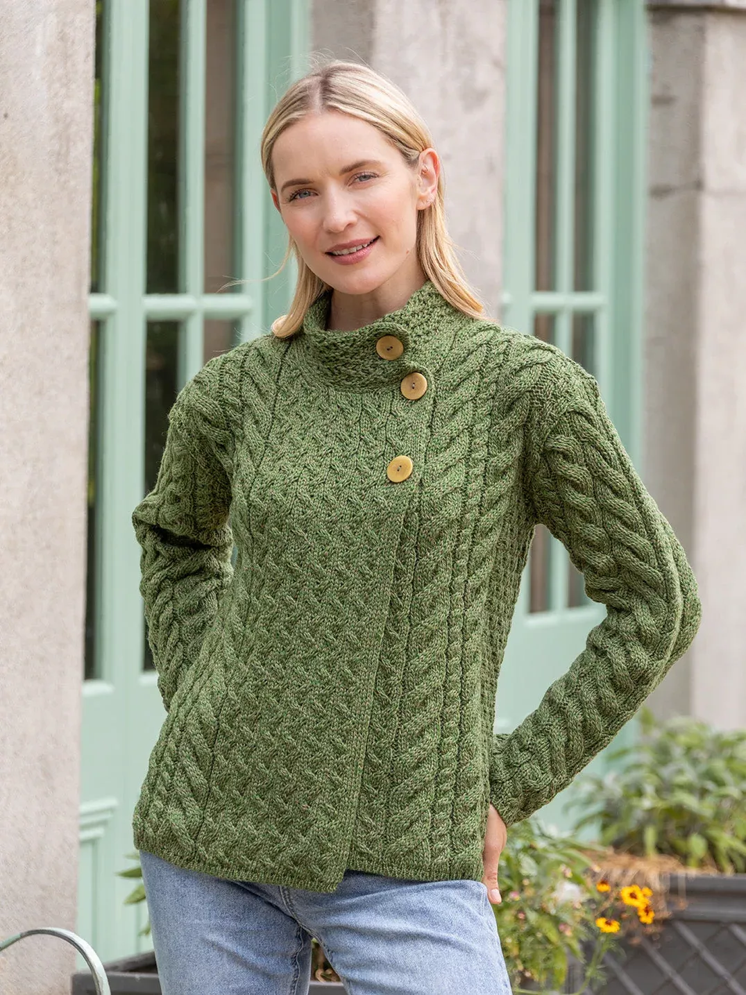 Supersoft Aran Cardigan with 3 buttons - Green