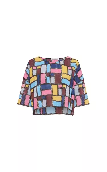 Tatia Patchwork Embroidered Cropped Top in Aurora Multi Linen