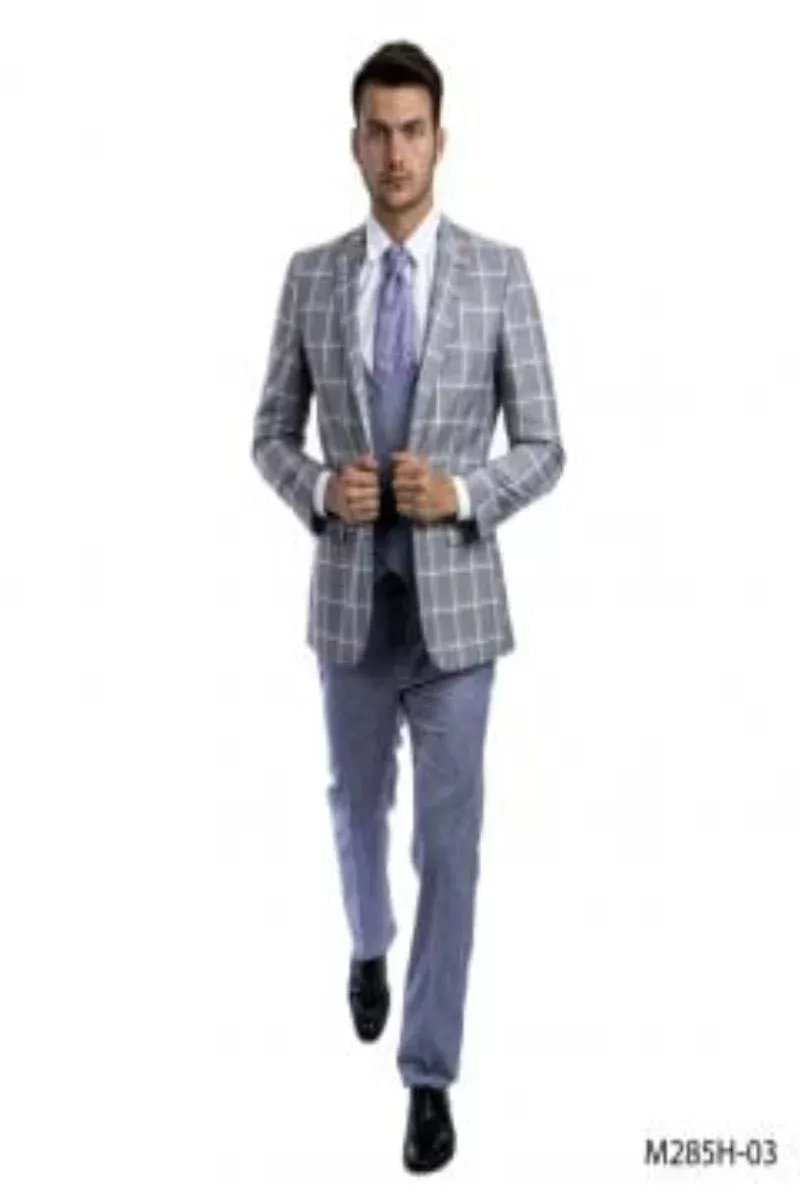 Tazio Men's 3 Piece Windowpane Executive Suit Two Tone