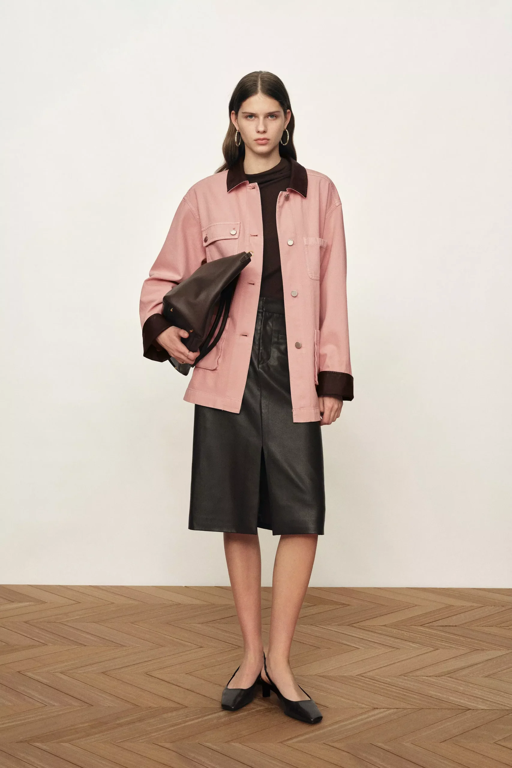 Telmo Dusty Pink Leather Collar Patch Pocket Jacket in Cotton Denim