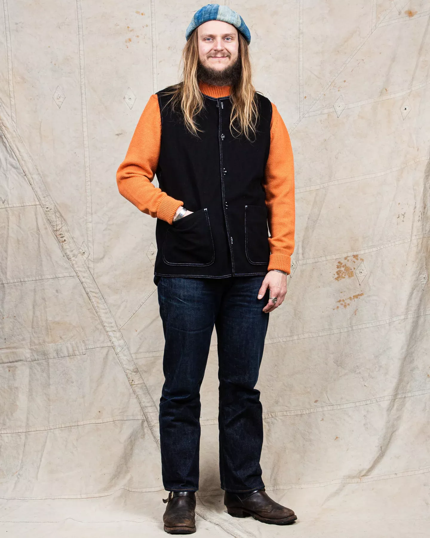 Tender Weaver's Stock Collarless Vest Black Wool