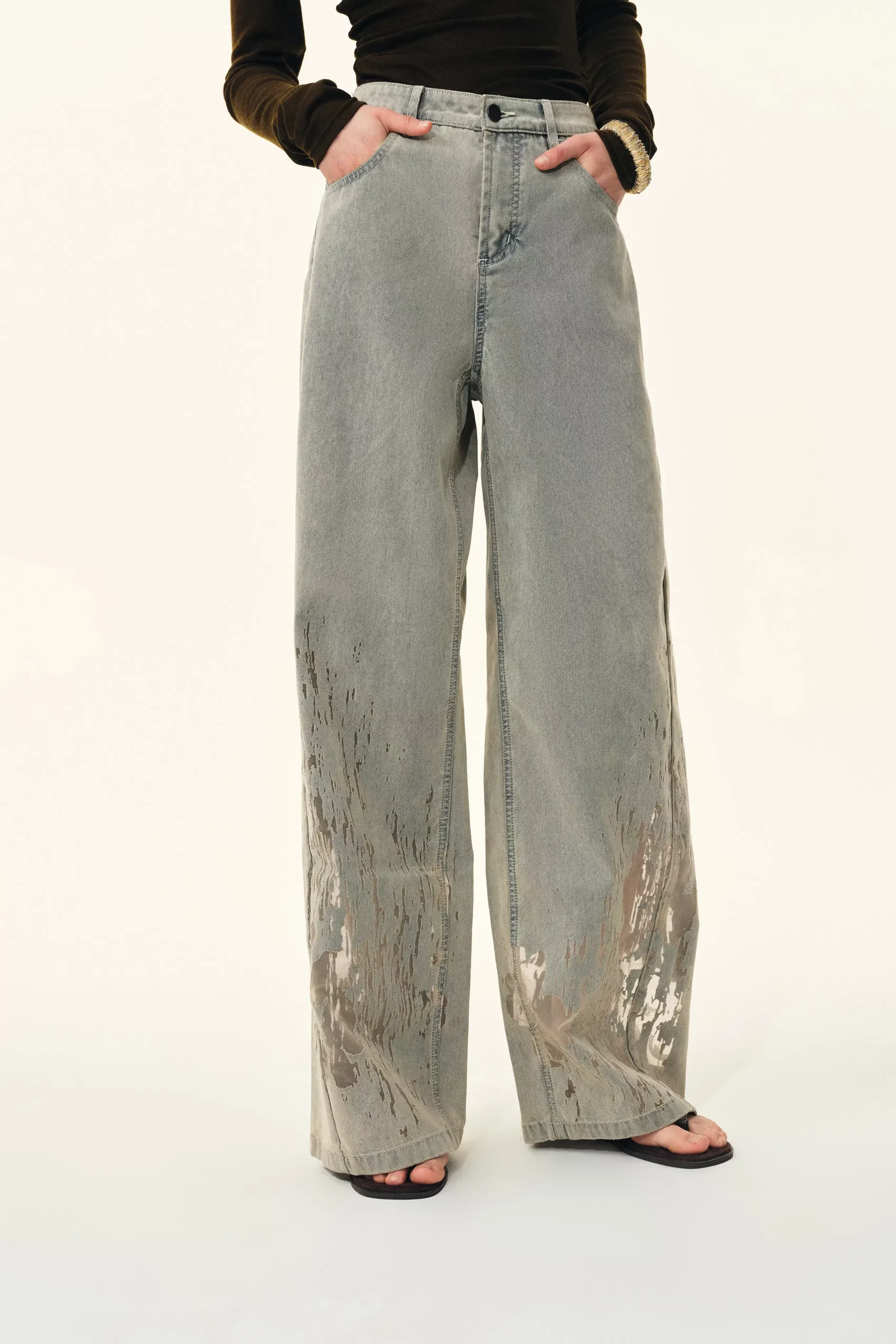 Thalia Devoré Jeans in Composite Denim-Washed Grey Denim