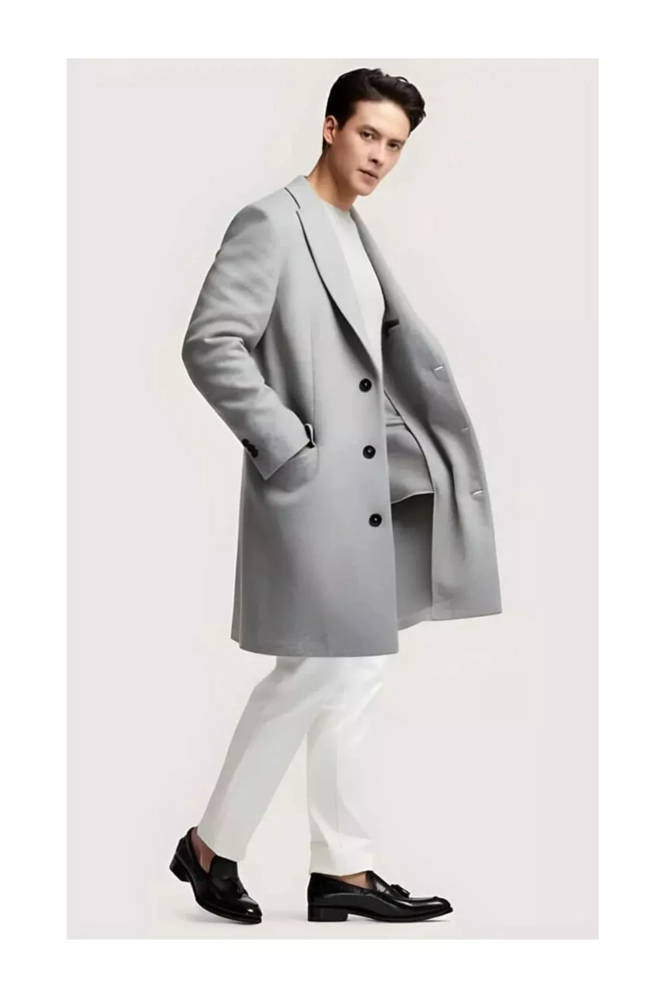 Three Button Light Grey ~ Wine Wool men's Car Coat Mid Length Three quarter length coat ~ Designer men's Wool Peacoat Sale