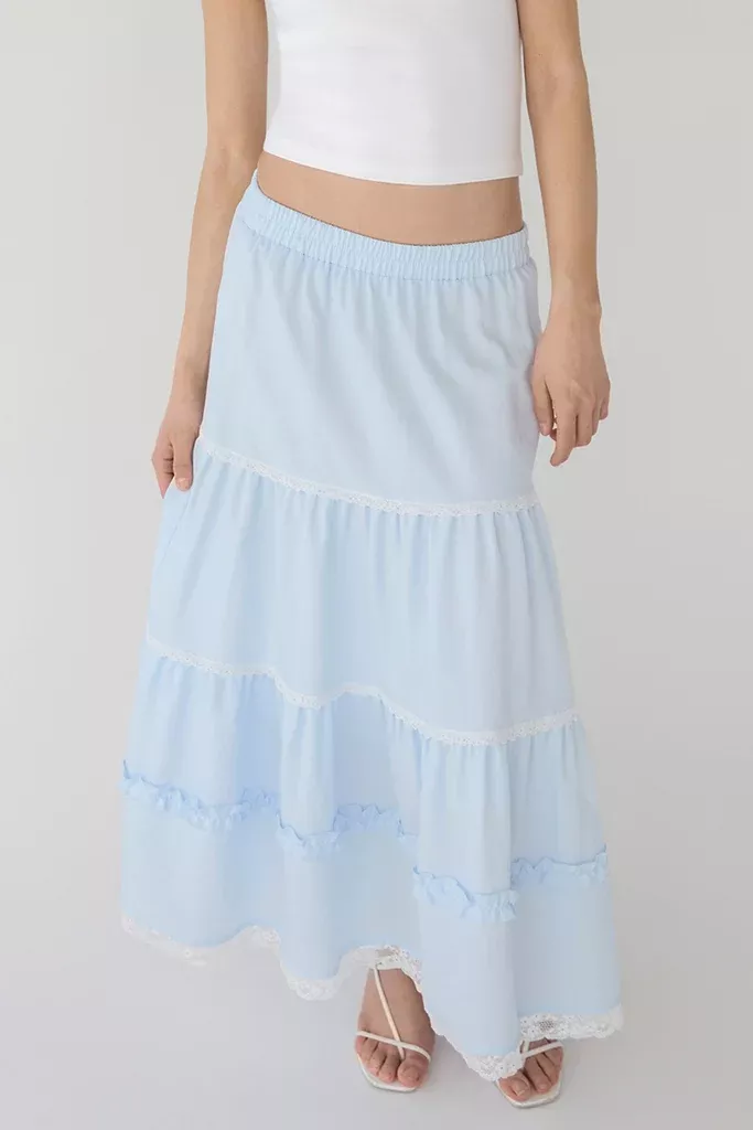 TIERED LACE TRIM MAXI SKIRT