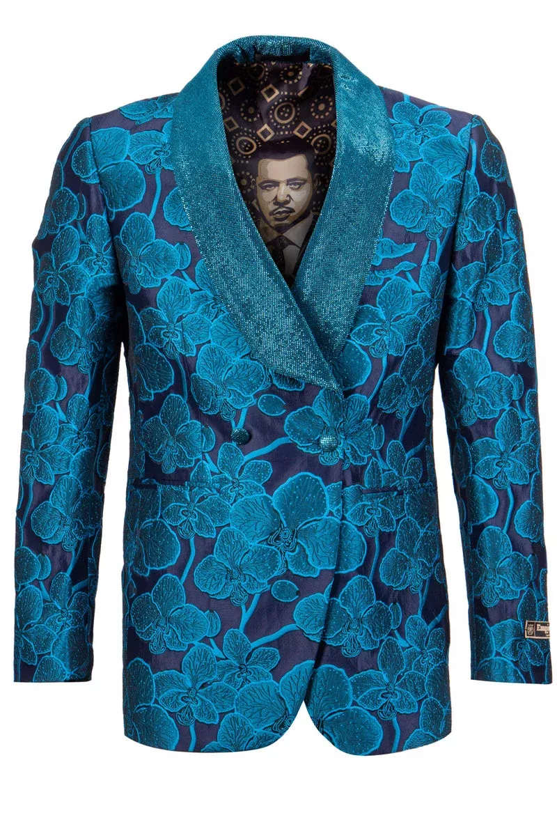 "Turquoise Floral Embroidered Men's Tuxedo Dinner Jacket - Double Breasted"