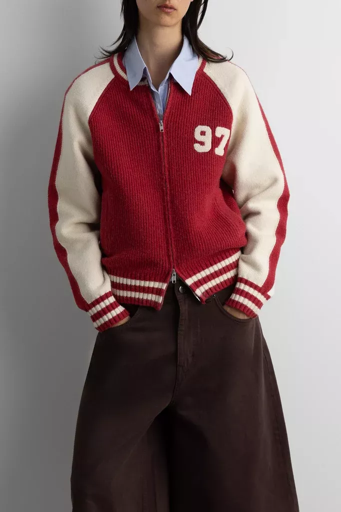 TWO TONE VARSITY ZIP-UP KNIT CARDIGAN