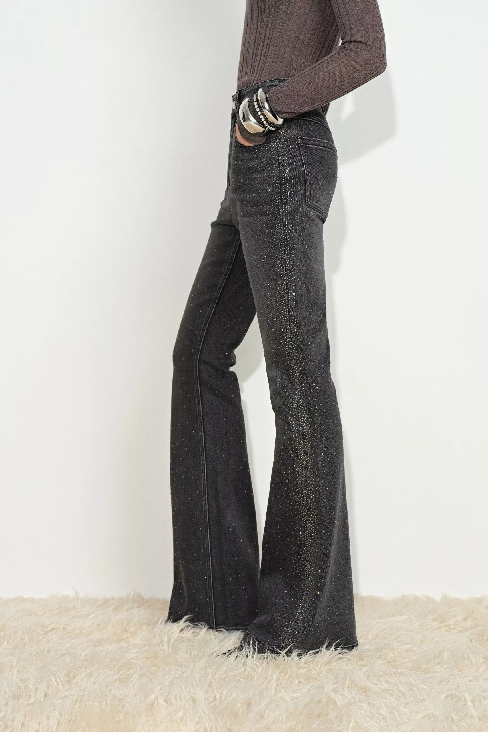 Una Crystal Embellished Gradient Flared Jeans in Stretch Denim