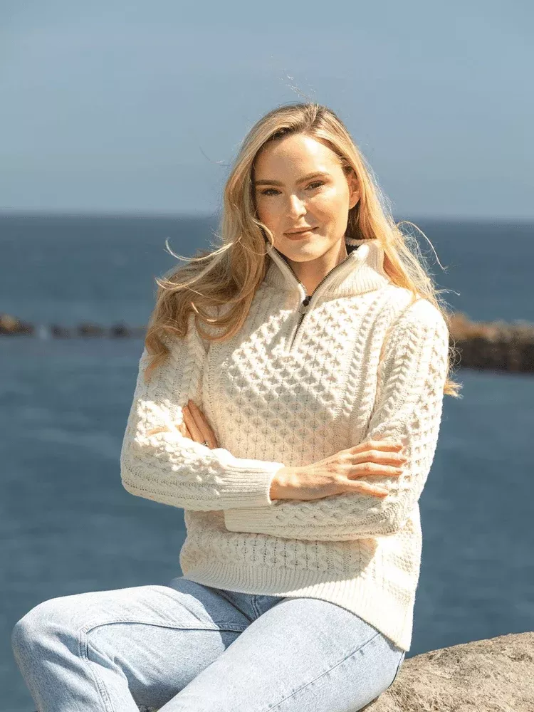 Unisex Half Zip Merino Wool Sweater Natural