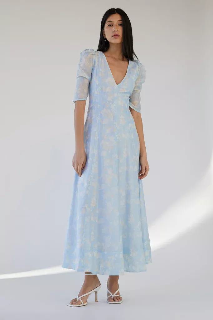 V-NECK PUFF SLEEVE FLORAL MAXI DRESS