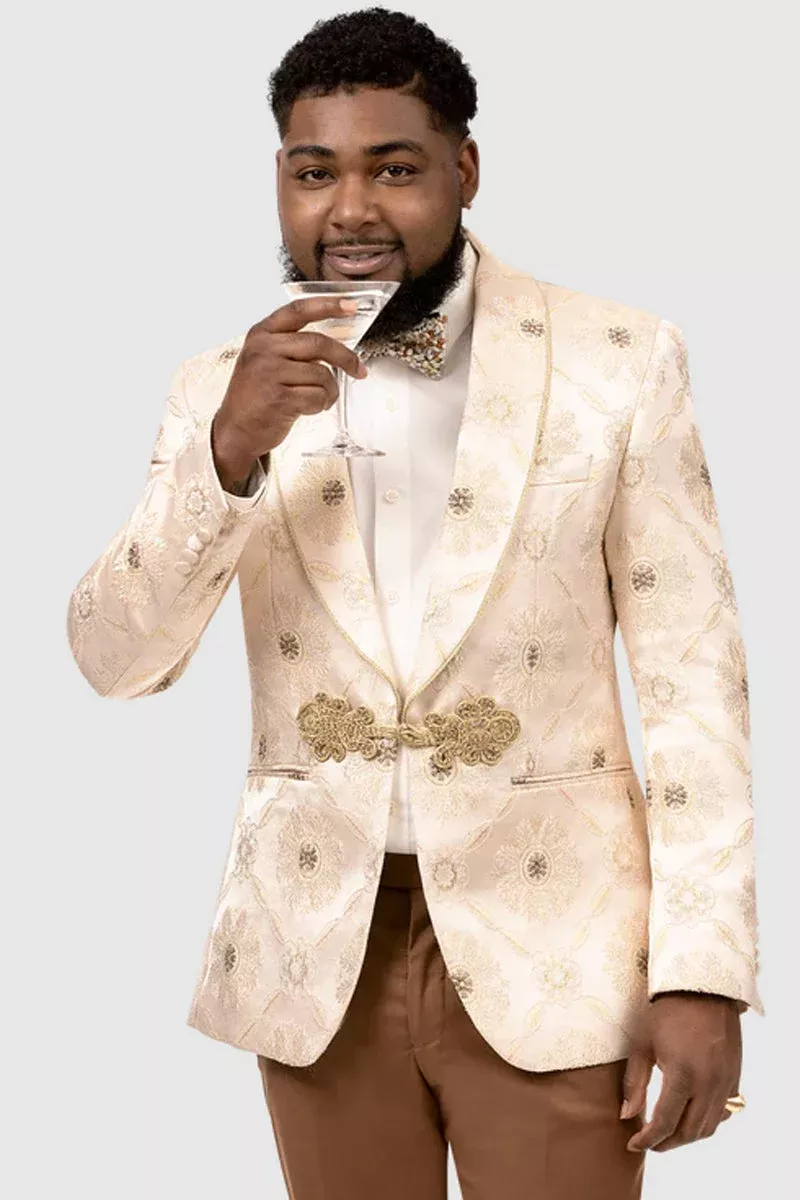 "Vintage Brocade Pattern Men's Tuxedo Dinner Jacket - Ivory Cream"