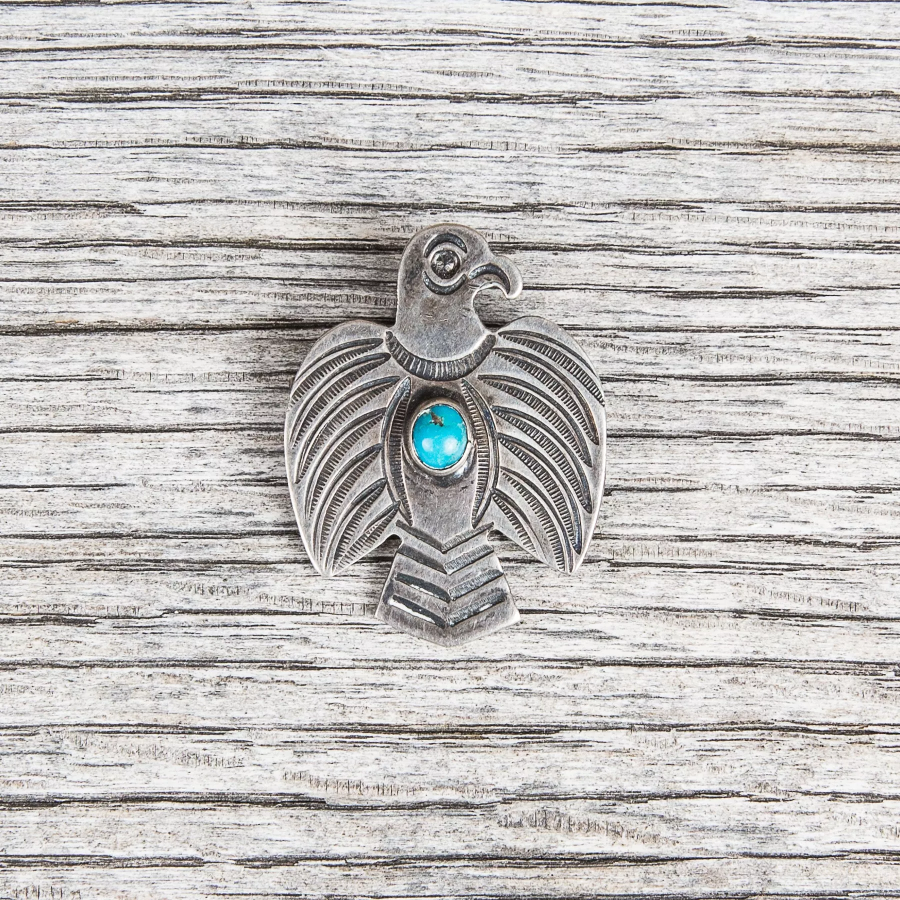 Vintage Navajo Thunderbird Turquoise Silver Brooch