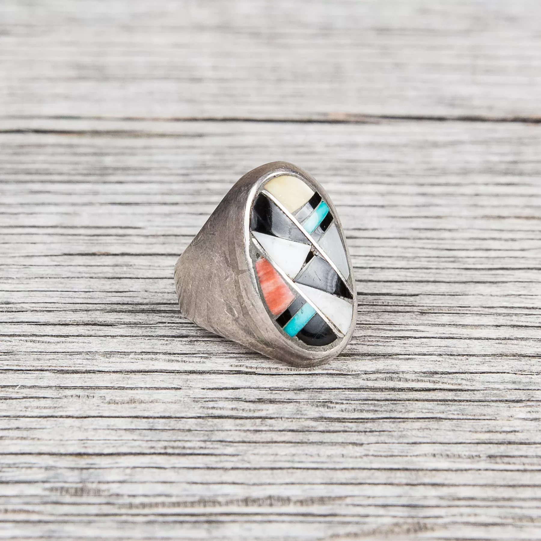 Vintage Zuni Inlaid Turquoise Oval Silver Ring No. 2