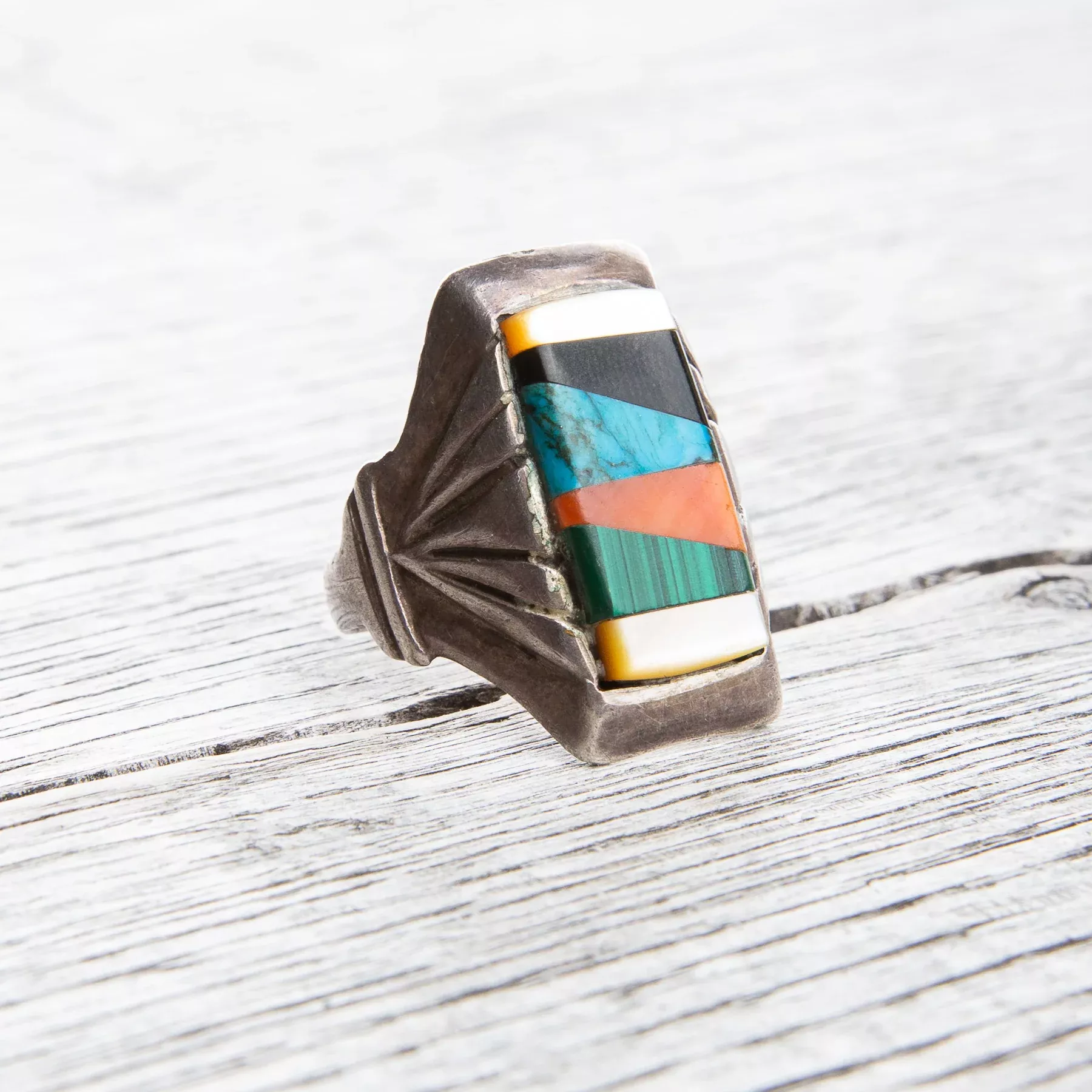 Vintage Zuni Inlaid Turquoise Silver Ring