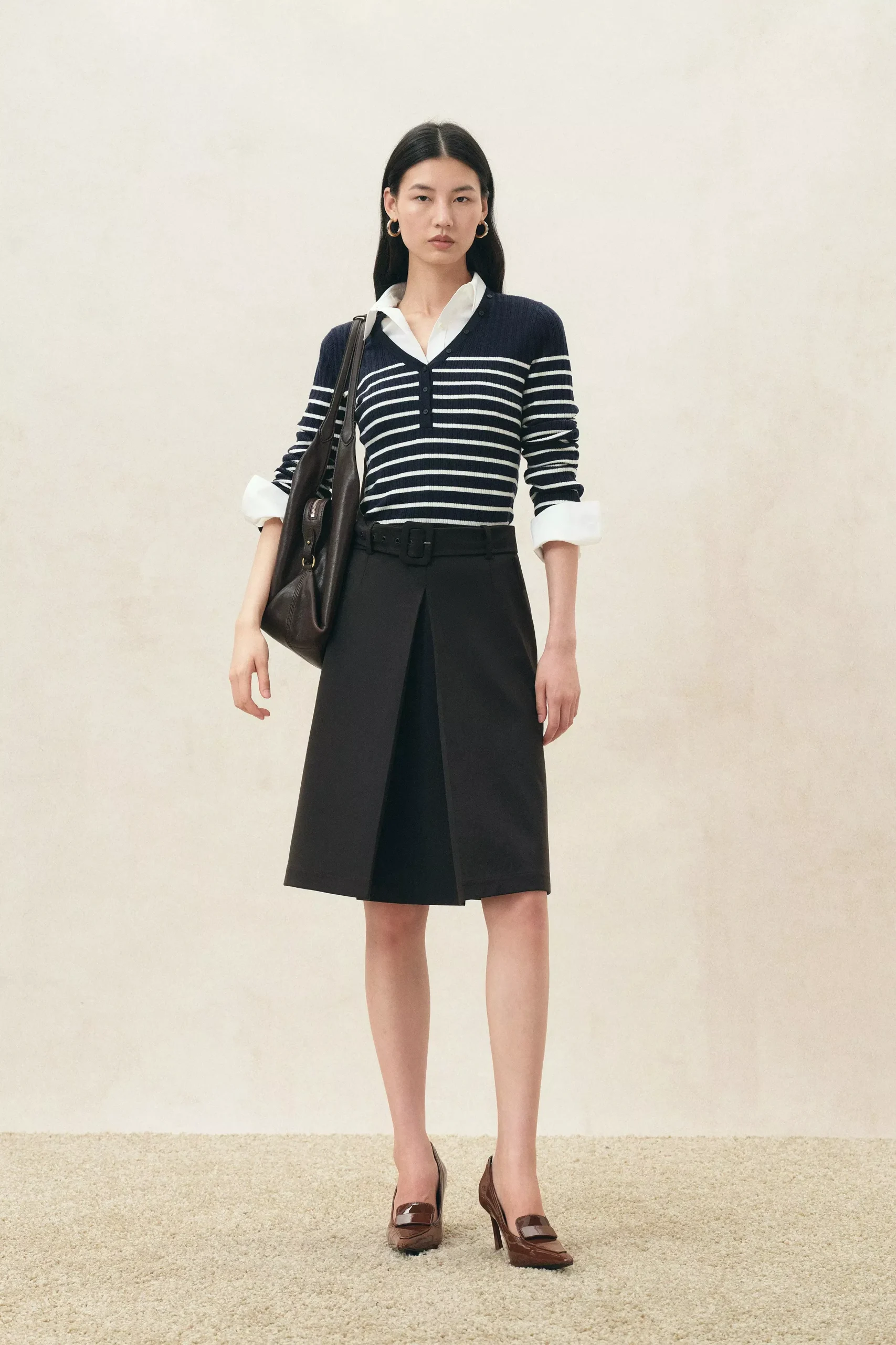 Vivi Blue Striped Henley Top in Wool Blend