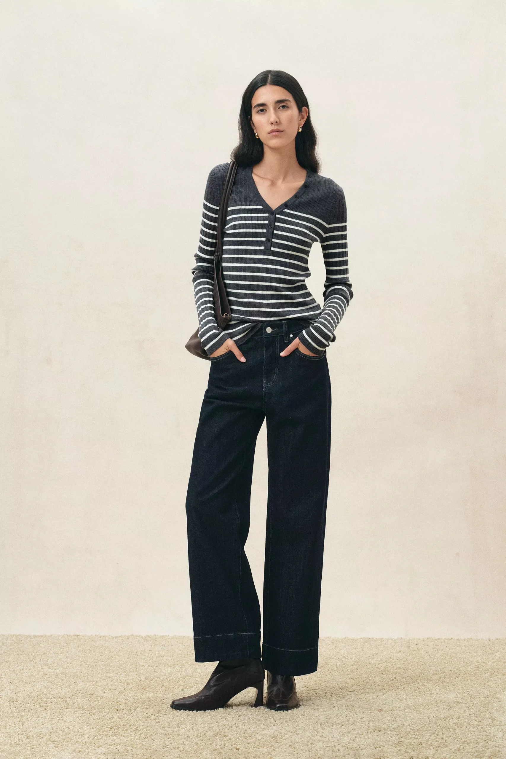 Vivi Gray Striped Henley Top in Wool Blend