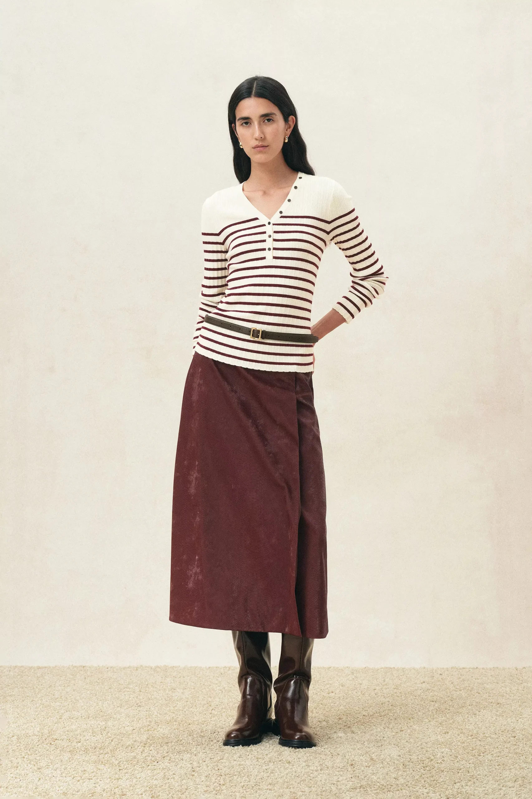 Vivi Red Striped Henley Top in Wool Blend