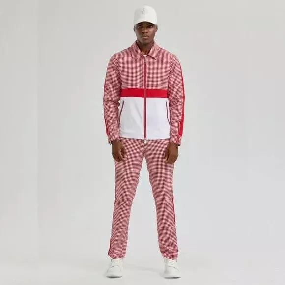 Walking Suit - Mens Houndstooth 2pc Red Tracksuit