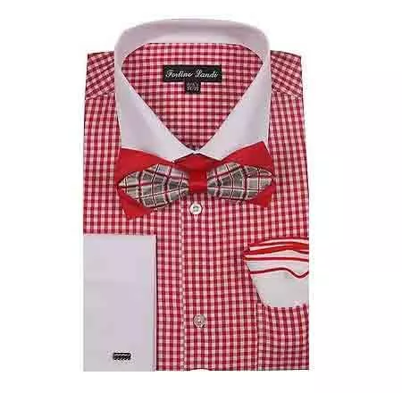 White Collar Two Toned Contrast Blue Gingham Shirt - Checker Pattern - French Cuff - White Collared + Free Bowtie Men's Dress Shirt