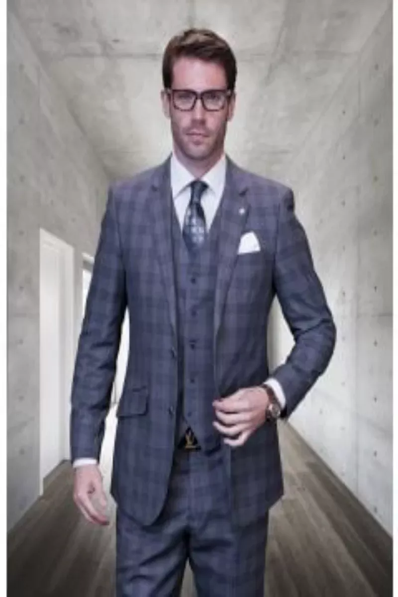 Windowpane Texture Business Pattern Modern Fit Side Vented Men's 100% Wool Fashion Suit - Dark Plaid 3-Piece