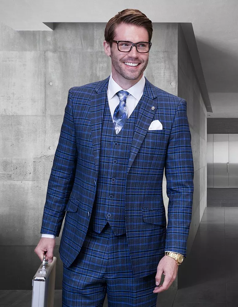 Windowpane Texture Business Pattern Modern Fit Side Vented Men's 3 Piece 100% Wool Plaid Suit - Triple Tone Design