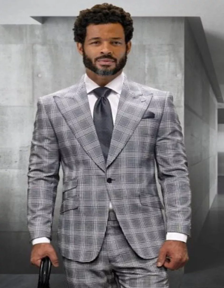 Windowpane Texture Business Pattern Modern Fit Side Vented Suits - Wool Suits - Peak Lapel Suits - Ticket Pocket - Modern Fit - Grey Plaid Suit