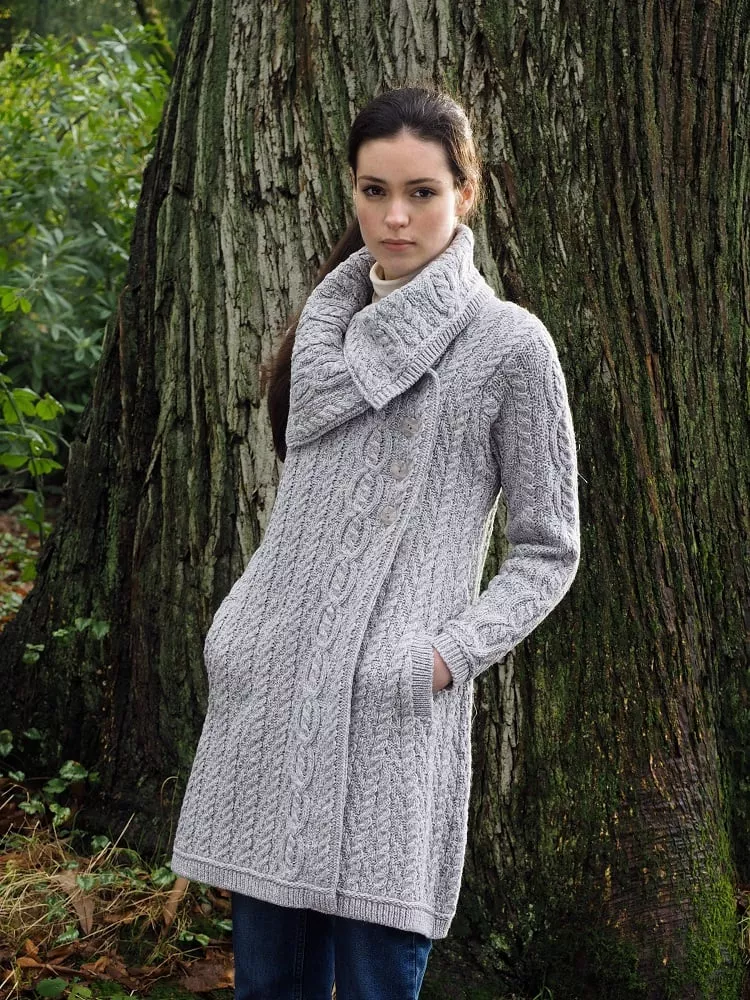 Womens Merino Wool Chunky Collar Aran Coatigan