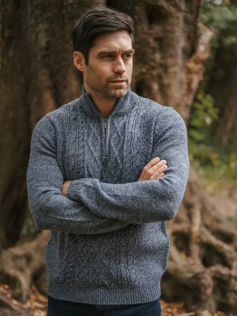 Wool Blend Aran Half Zip Sweater Denim Blue