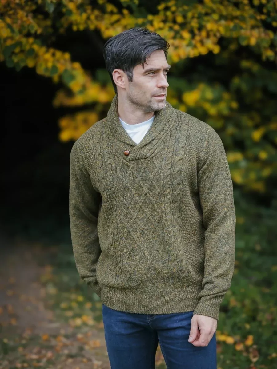 Wool Blend Aran Shawl Neck Sweater Autumn Mix