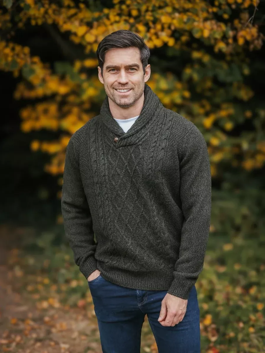 Wool Blend Aran Shawl Neck Sweater Green