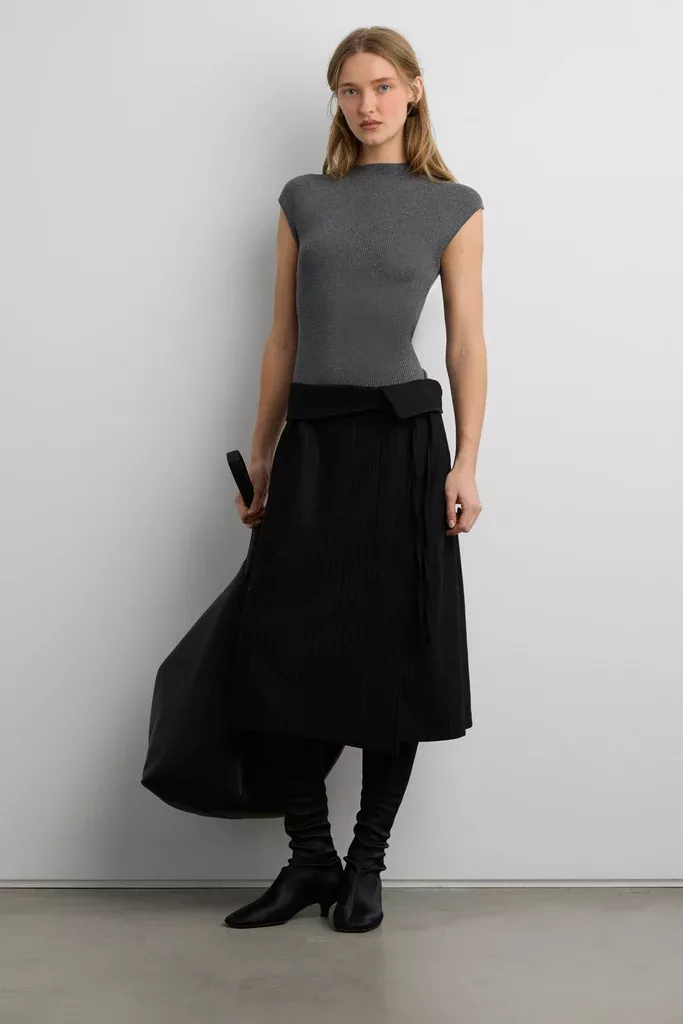 WOOL BLEND PINSTRIPE MIDI SKIRT WITH WAIST TIE